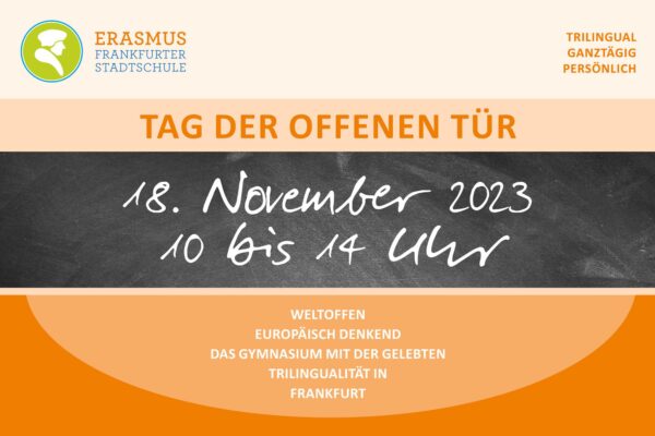 Ankündigung Tag der offenen Tür 2023 für das Erasmus Gymnasium